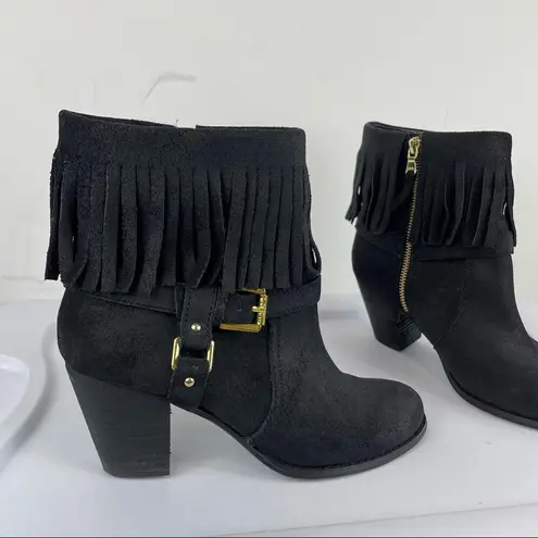 Lauren Ralph Lauren Mara Black Oiled Suede Fringe Heel Booties Sz 8