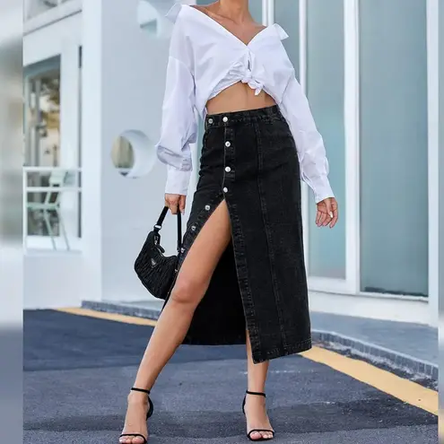 NWOT Button Front Split Denim Midi Skirt – High Waist Slim Fit Pencil Skirt (XL) Black