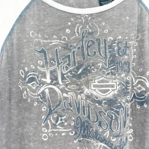 Harley Davidson Womens Grunge Crochet Lace Raglan Sleeve Graphic T Shirt Size L Gray