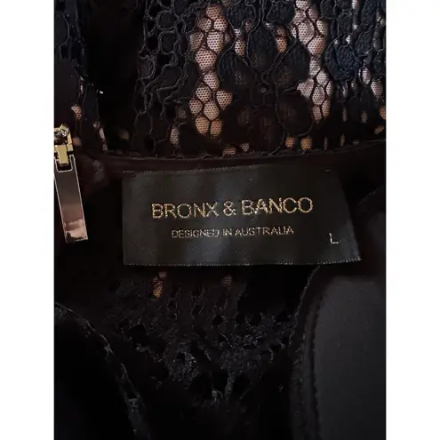 Bronx and Banco Allegra Midi Black Guipure Lace Tan Fringe Midi Dress NWT Large