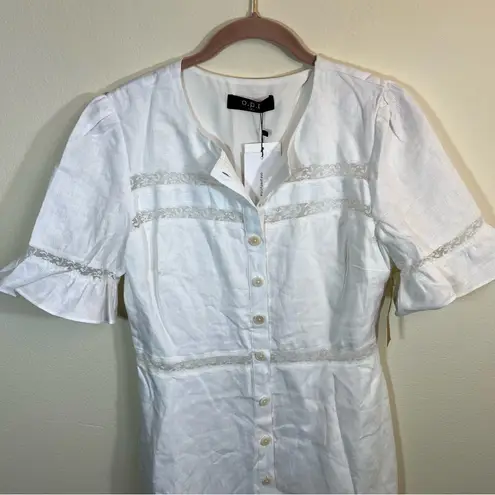 o.p.t Adina White Linen Midi Lace Dress Button Front 8 NWT Puff Sleeves