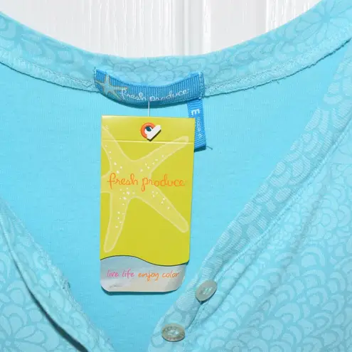Fresh Produce NWT ABSTRACT FLOWER BABY RIB, CLEAR WATER AQUA TOP, SIZE MEDIUM