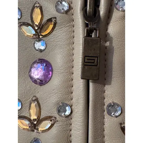 Pamela McCoy Collections Beaded Leather Jacket Tan Mandarin Collar Zip Front XS