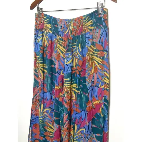 Kona Sol Leaf Print Multicolor Smocked Waist Side Slit Flowy Beach Pants Boho M