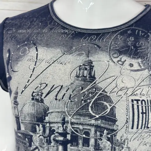 Blue Canyon Y2K Venice Italy Graphic Print Cap Sleeve Tee Shirt Blue Small