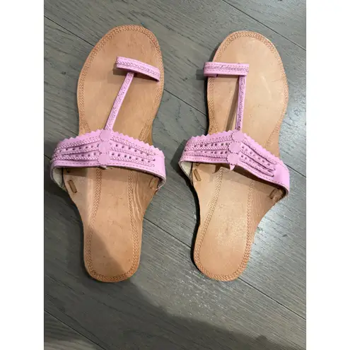 Traditional Leather Indian Kohlapuri Pink Roe Ring Chappal Travel Sandals Size 7