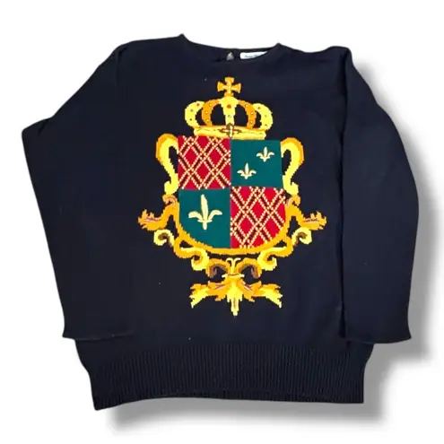 Vintage 90s Marisa Christina Black Knit Crewneck Crest Coat of Arms Sweater Blue Size M