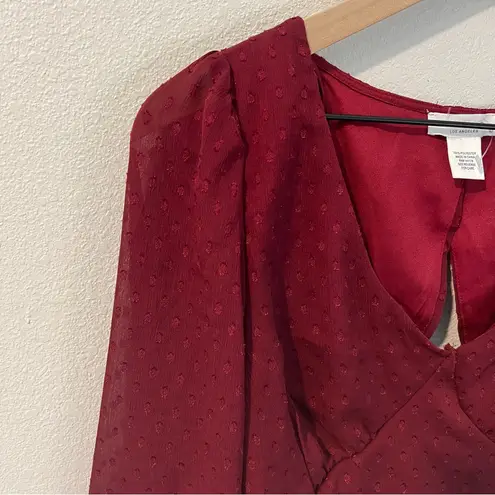 Kirious LA Burgundy Swiss Dot Chiffon Bell Sleeve Tie Back Cutout Crop Top L Red Size L