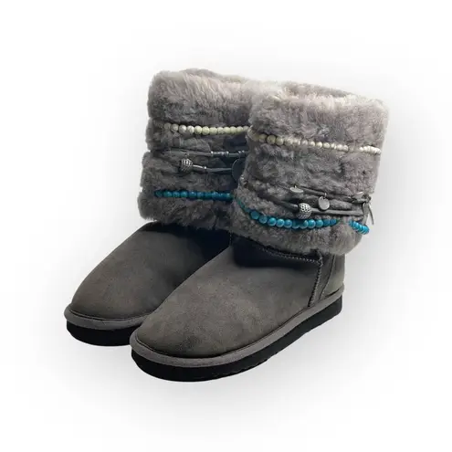 Rare: Tylie Malibu ✿ Turquoise Bead Embellished Shearling Boots Boot ✿ Slate ✿ 7 Gray