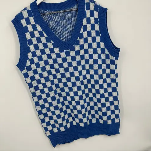 Blue Checkerboard V Neck Sweater Vest Size 1XL Grunge Streetwear Plus Size Boho