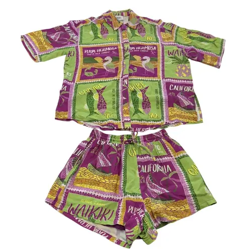 Seven Wonders Two Piece Set Womens XS Purple Green Hawaiian Aloha Shirt Shorts