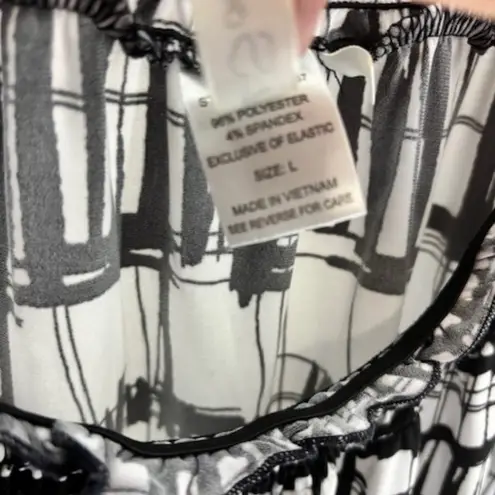 Heart soul Women's Boho Blouse L Black White Short Sleeve Smock Neck Waist Tie