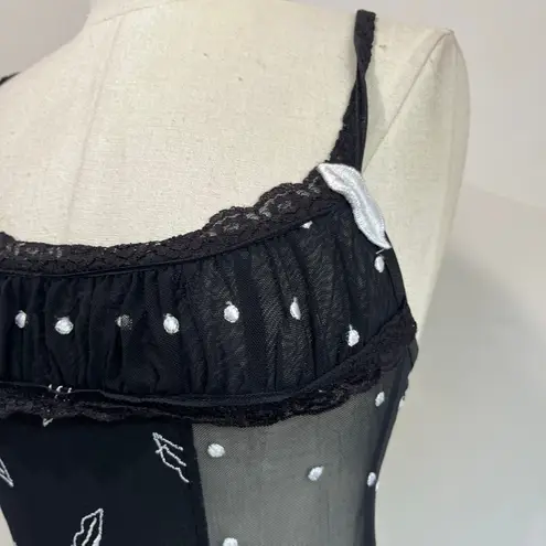 Flora Nikrooz Sheer Vintage Black Slip Dress Y2K Mesh Lip Print Size XS