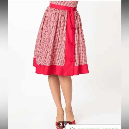 Unique Vintage Red Gingham Cherry Print Rye Swing Skirt
