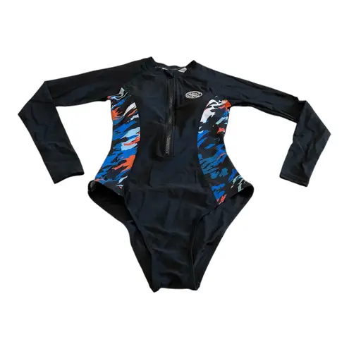 AXESEA Black Long Sleeve Zip Up Rash Guard Swimsuit One Piece Size 2