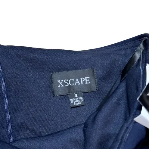 XScape Navy Blue One Shoulder Stretch Crepe Ruffle Asymmetrical Hemline Gown US4