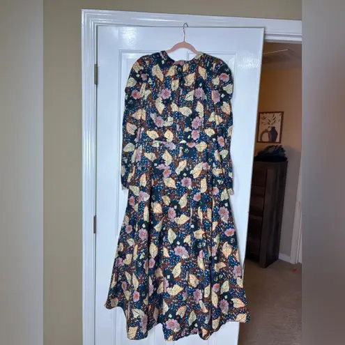 MELLODAY FLORAL PRINT BELTED LONG SLEEVE A-LINE DRESS IN DARK BLUE PRINT