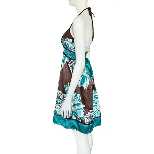 Vintage Y2K Brown Teal Floral Halter Satin Party Dress. XS. Girlhoodcore Fairy