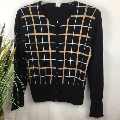 TSE Black & Brown Plaid Print Button Up Cardigan Sweater L