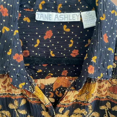 Jane Ashley Vintage Boho Floral Crinkle Cut Oversized Button Up Short Sleeve /