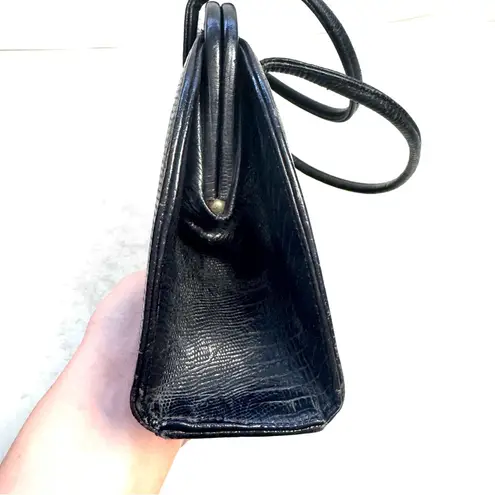 Vintage Leather Black Lizard Embossed Handbag Purse 50s 60s