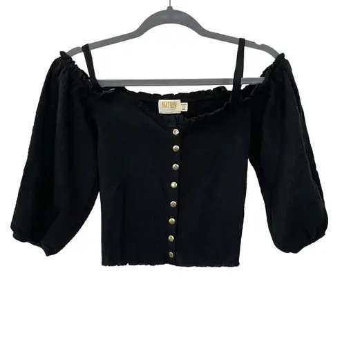 Nation Ltd  ily Smocked Black‎ Knit Top Size XS Open Shoulder Blouse Shirt