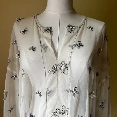 Vintage Y2K Sheer Butterfly Embroidered Mesh Tunic Top White Black Nylon Small