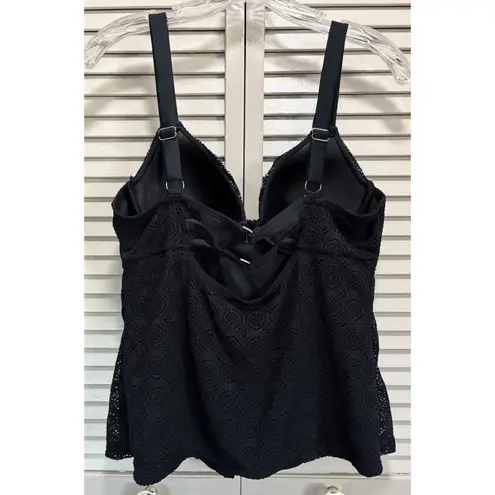 Tankini Swim Top Crochet Black Solid Size XL Molded Cups Lined Wide Adj Straps