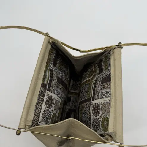 Vintage Beige Leather Top Handle Bag Metal Handbag Classic