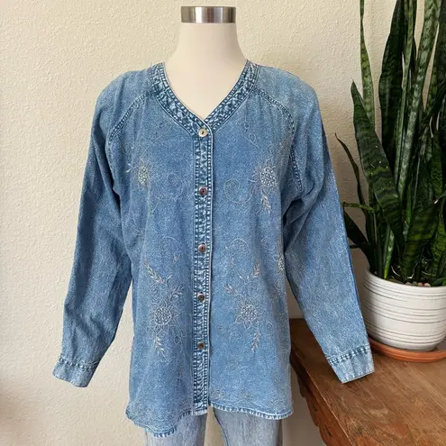 Vintage 90s Denim Embroidered Floral Beaded Boho Shirt long sleeve large Blue