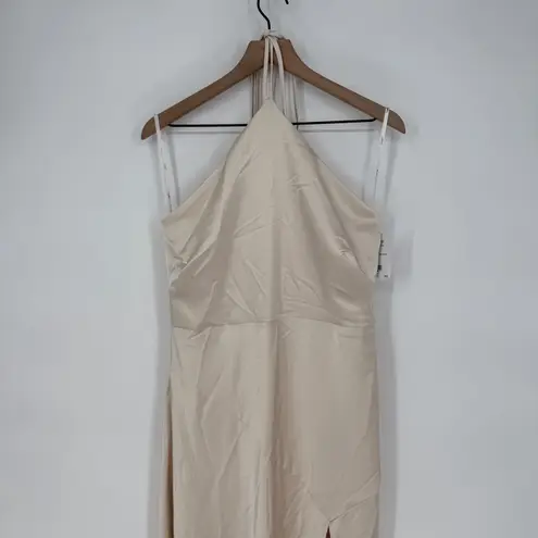Lovely new beige satin halter bias cut asymmetric flowy maxi dress size L Tan Size L