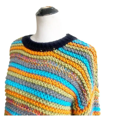 Sundance Crochet Chunky Knit Sweater Size Medium Crew Neck Colorful Cabin Core
