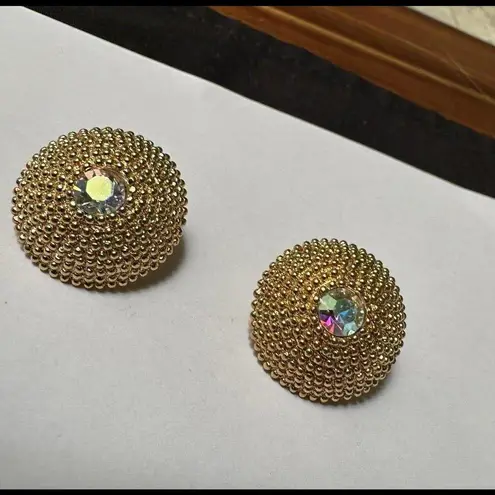 Avon Gold Tone Aurora Borealis Rhinestone Round Dome Clip On Earrings Signed