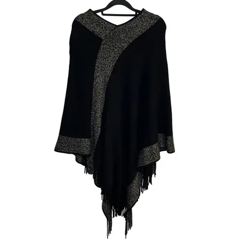 Cejon Y2K Black Poncho Cape Gold Metallic Fringe Boho Fall One Size Fits Most