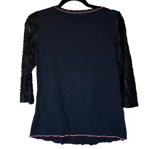 Edista Floral Lace Mixed Fabric Velvet Burnout Long Sleeve Graphic Blouse Large Black