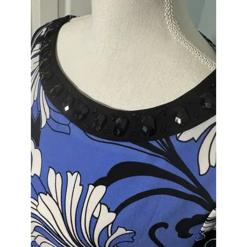 JM Collection Blue/Black/White Floral Print Blouse, Rhinestone Collar, 3/4 Slv L