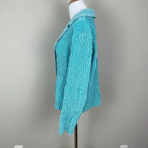 Rhonda Stark Jacket Womens Medium Textured Crinkle Button Front Cardigan Blazer Blue