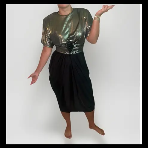 VTG 80s Indie Sleaze Art Deco Disco Silver & Over Drop Jersey Party Dress 12 Black Size 10