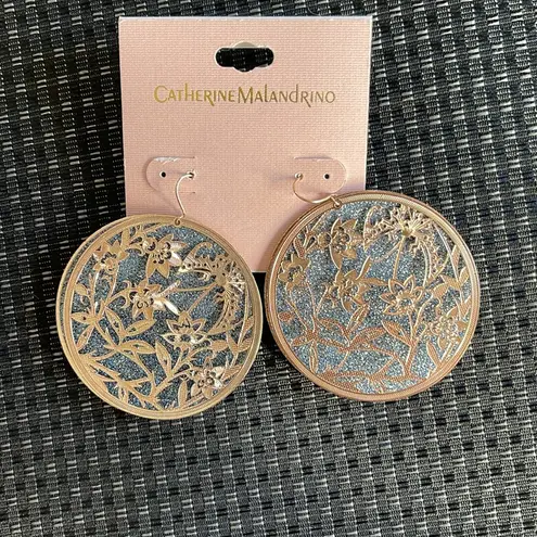 Catherine Malandrino  Blue Glitter with Rose Gold overlay Earrings 2" Diameter