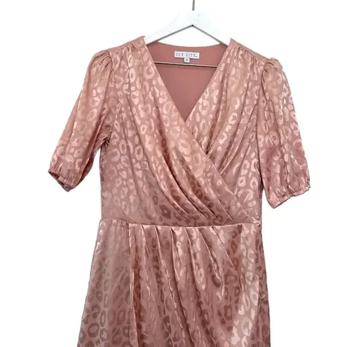 Ivy City Co Blush Pink Satin Leopard Print Wrap Midi Dress Size Medium