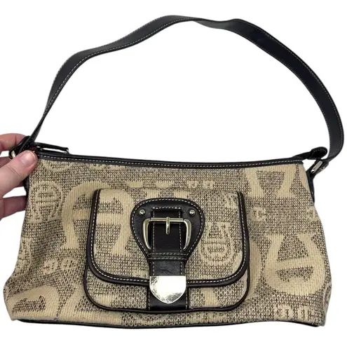 Etienne Aigner All Over Logo Print Shoulder Bag Purse Tan, Brown & Gold Hardware