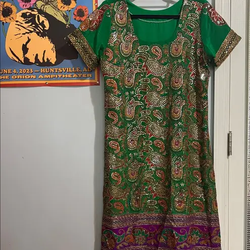Handmade Boho Green Multicolored Embroidered Mirrored Paisley Print Midi Dress