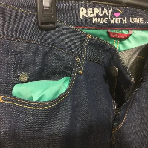 Replay women's size 31 multicolor roll cuff JUSHMANN "Made With Love" dark jeans Blue