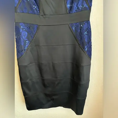 JAX Navy Black Sequin Lace Structured Cap Sleeve Knee Length Cocktail Dress 10 Blue