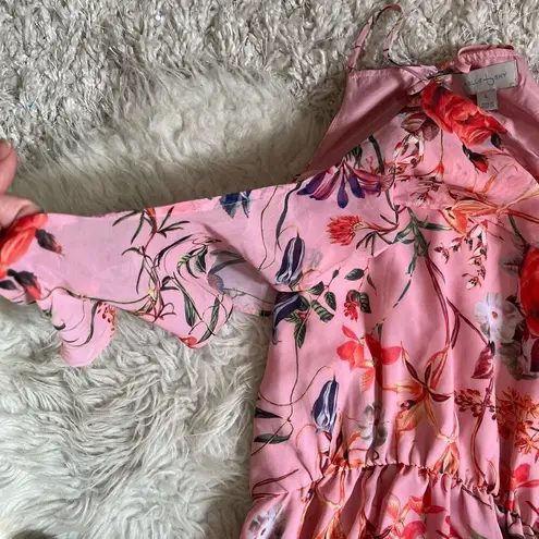 Belle Sky Pink Floral Strappy Long Dress Size Small Ruffles Wedding Resort Vacat