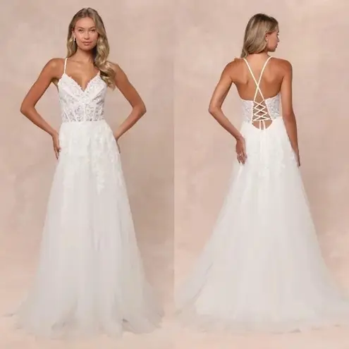 Lulus Glorious Luxury White Sheer Tulle Embroidered Beaded Maxi Dress Size XL