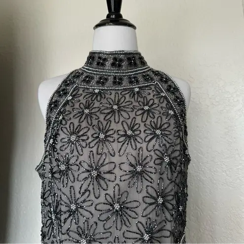 Papell Boutique Vintage Gray Black Beaded Mock Neck Tank Top shell 100% silk (L) Silver Size L