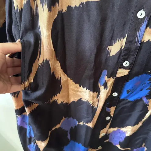 Noen Shirt Dress Abstract Print Button Up Long Sleeve Pockets Size US 8 Black