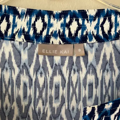 Ellie Kai Sz M Split V Neck Elbow Sleeves Pullover Stretch Blue White Blouse Top Size M