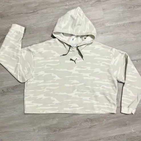 Puma  Camo Cropped Hoodie Sweatshirt Sz Large Tan Cream Camouflage Khaki
